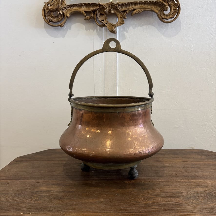Water Tiger France Antique Copper Cauldron With A Single Brass Handle