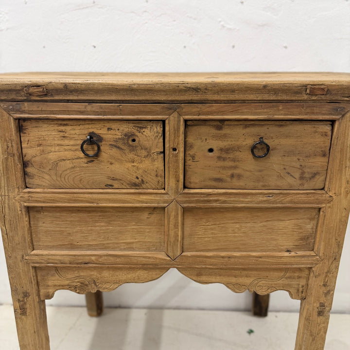 Water Tiger Furniture Antique Short Elm Console With Two Drawers With Carved Apron