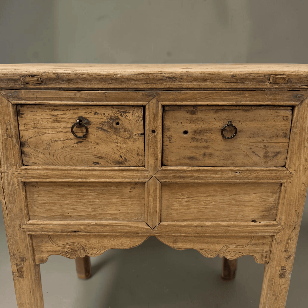 Water Tiger Furniture Antique Short Elm Console With Two Drawers With Carved Apron