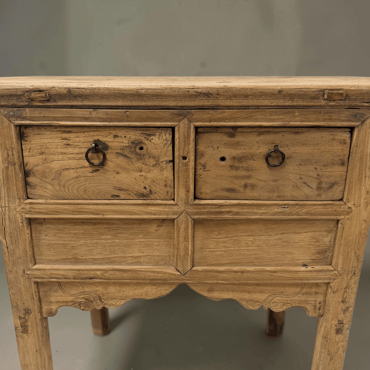 Water Tiger Furniture Antique Short Elm Console With Two Drawers With Carved Apron