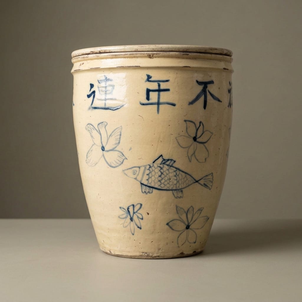 Water Tiger Decor Lidded Cizhou  Ming Dynasty Ceramic Planter - Vessel- "Fish"