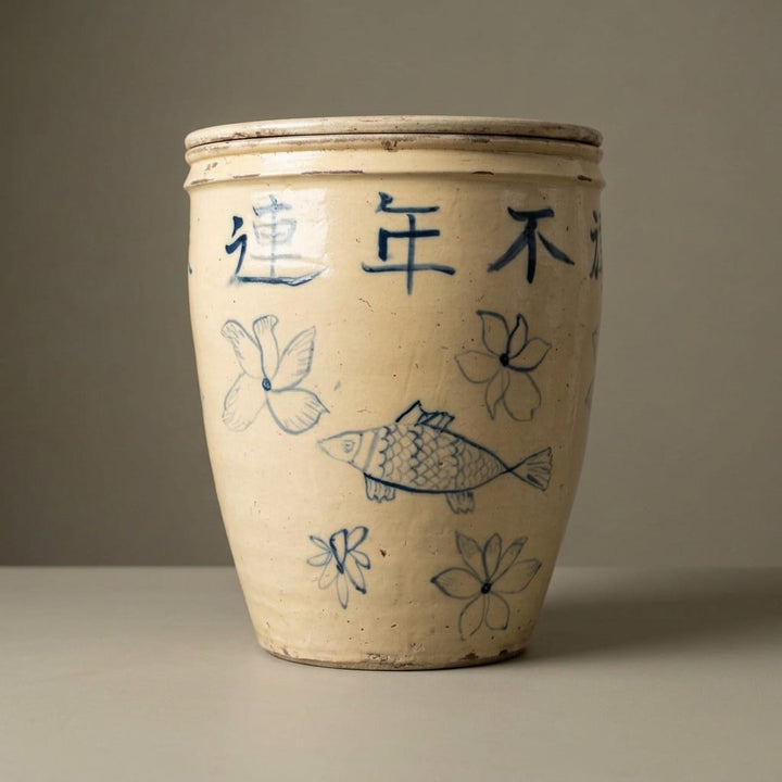 Water Tiger Decor Lidded Cizhou  Ming Dynasty Ceramic Planter - Vessel- "Fish"