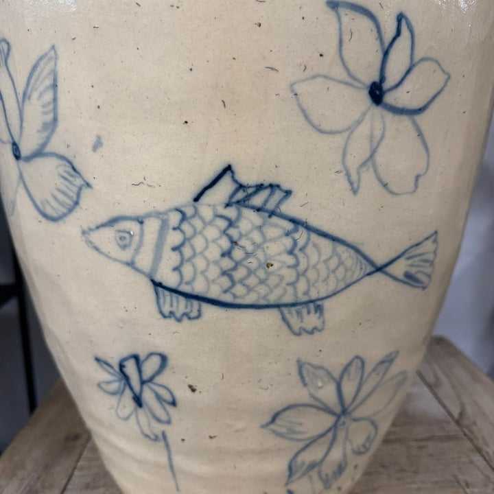 Water Tiger Decor Lidded Cizhou  Ming Dynasty Ceramic Planter - Vessel- "Fish"