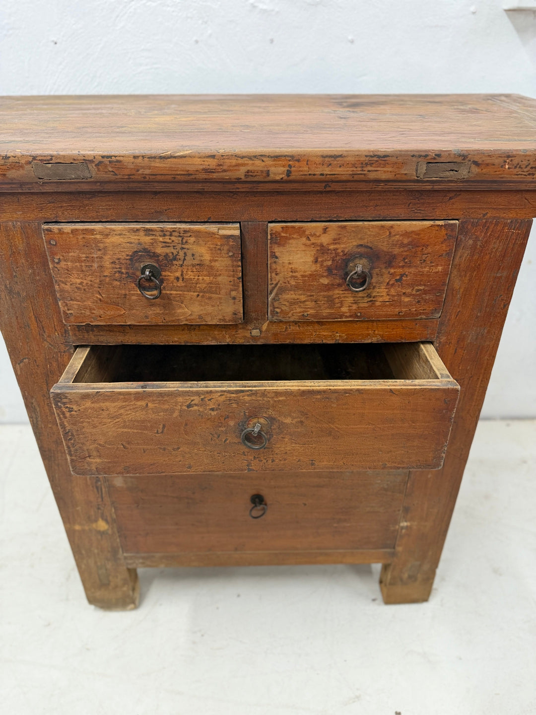 Water Tiger Furniture Early 20th Century Qing Two Drawer Cabinet, Elmwood with Brass Hardware, China