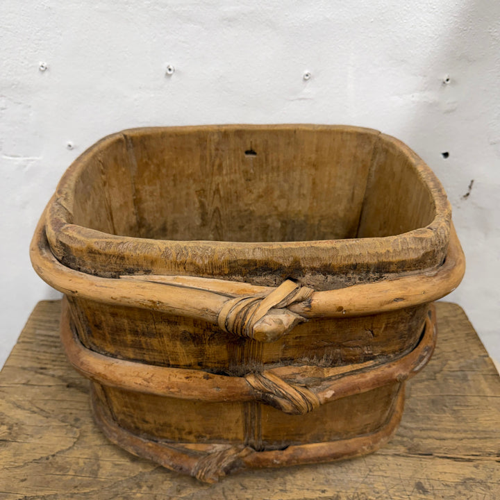 Water Tiger Decor Antique Chinese Oval Wood Bucket With Strap