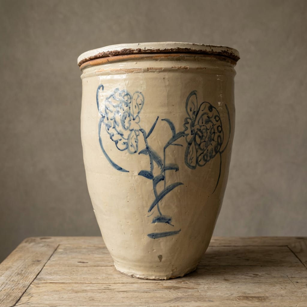 Water Tiger Decor Lidded Cizhou  Ming Dynasty Ceramic Planter - Vessel- "Two Flowers"