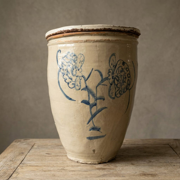 Water Tiger Decor Lidded Cizhou  Ming Dynasty Ceramic Planter - Vessel- "Two Flowers"