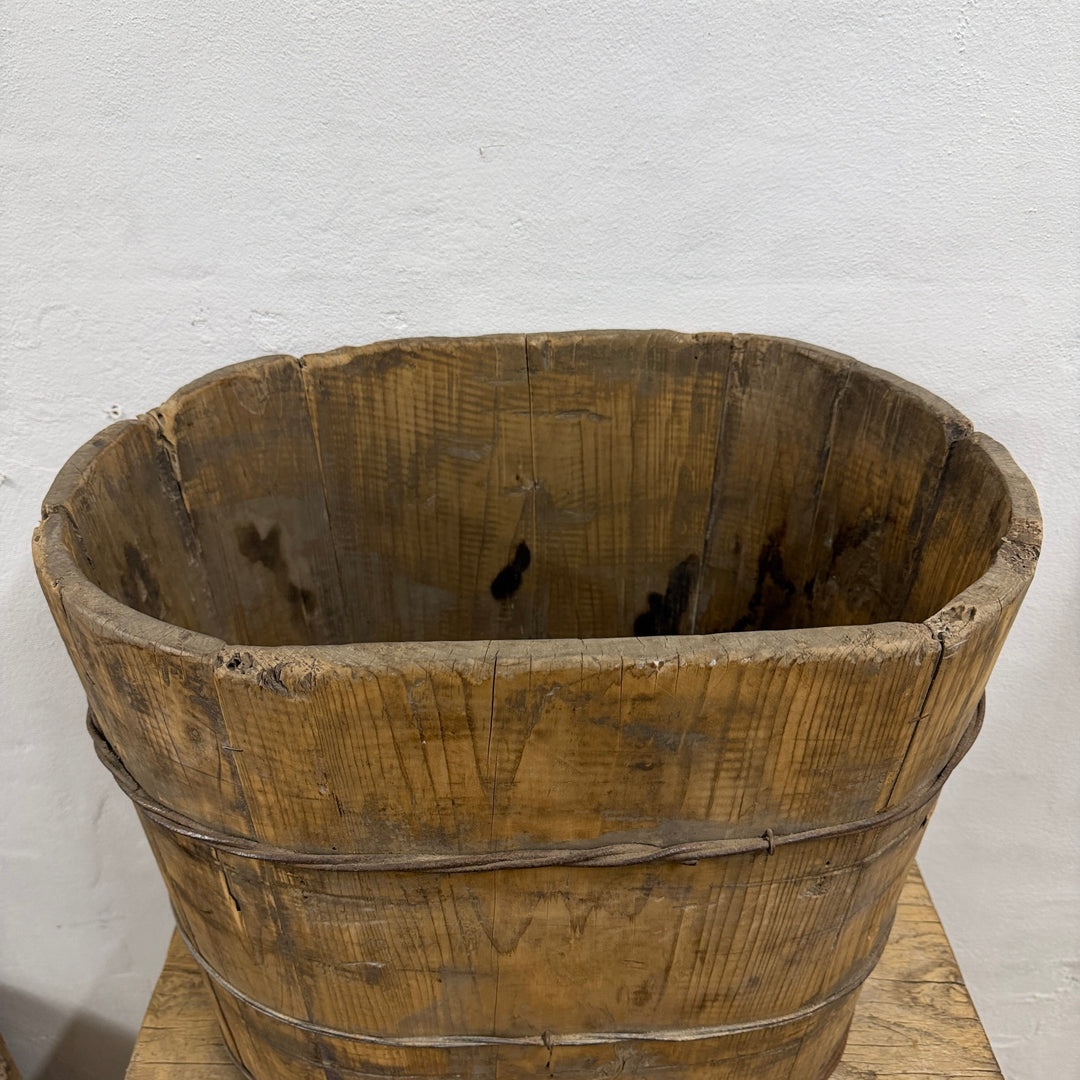 Water Tiger Decor Antique Chinese Oval Wood Bucket