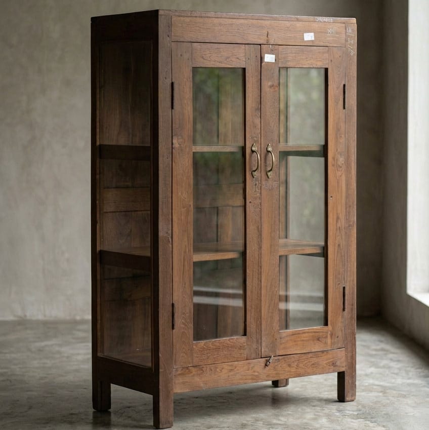 Water Tiger Furniture Two Door Vintage Indian Glass & Teak Cabinet