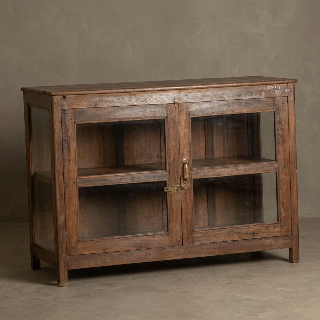 Water Tiger Furniture Vintage Indian Glass &amp; Teak Cabinet