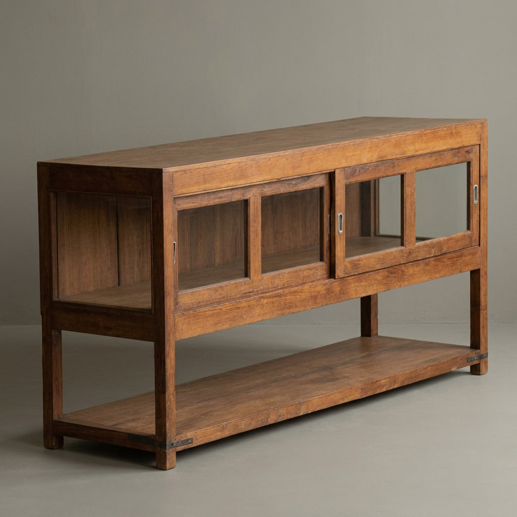 Water Tiger Furniture Vintage Indian Glass &amp; Teak  Sideboard With Sliding Doors