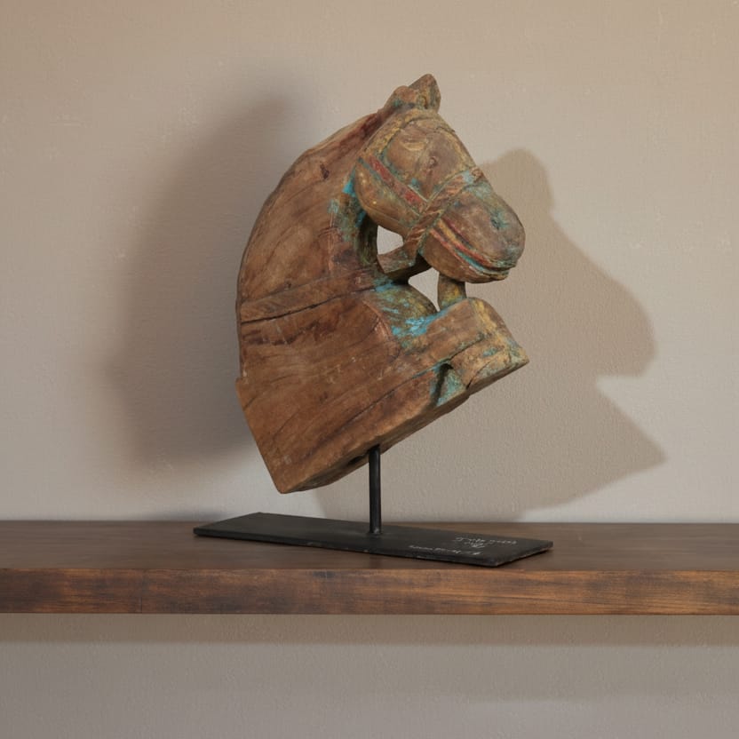 Water Tiger india Carved Wooden Horse Head On Metal Stand With Blue Paint Traces