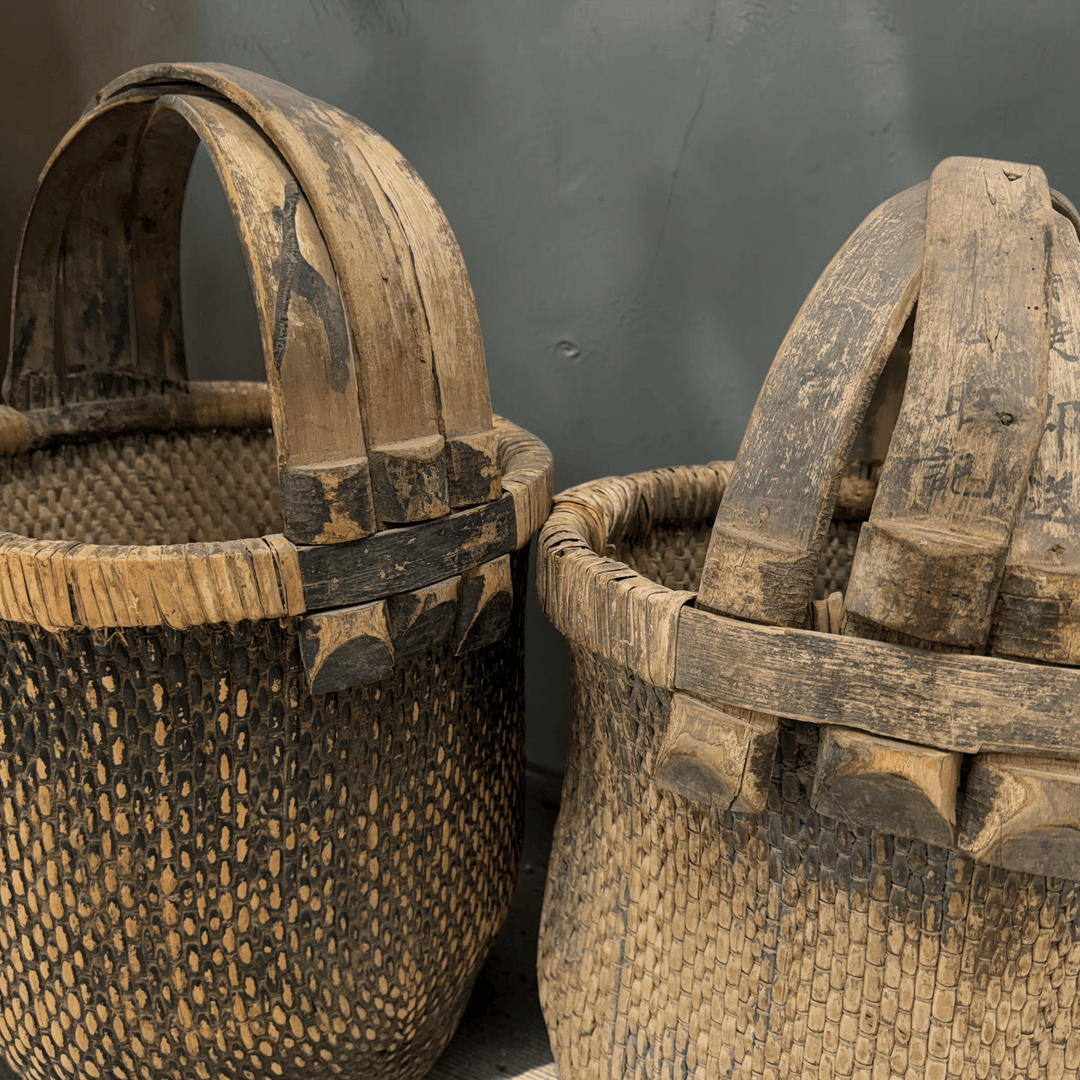 Water Tiger Decor Antique Chinese Basket With Bamboo Handle