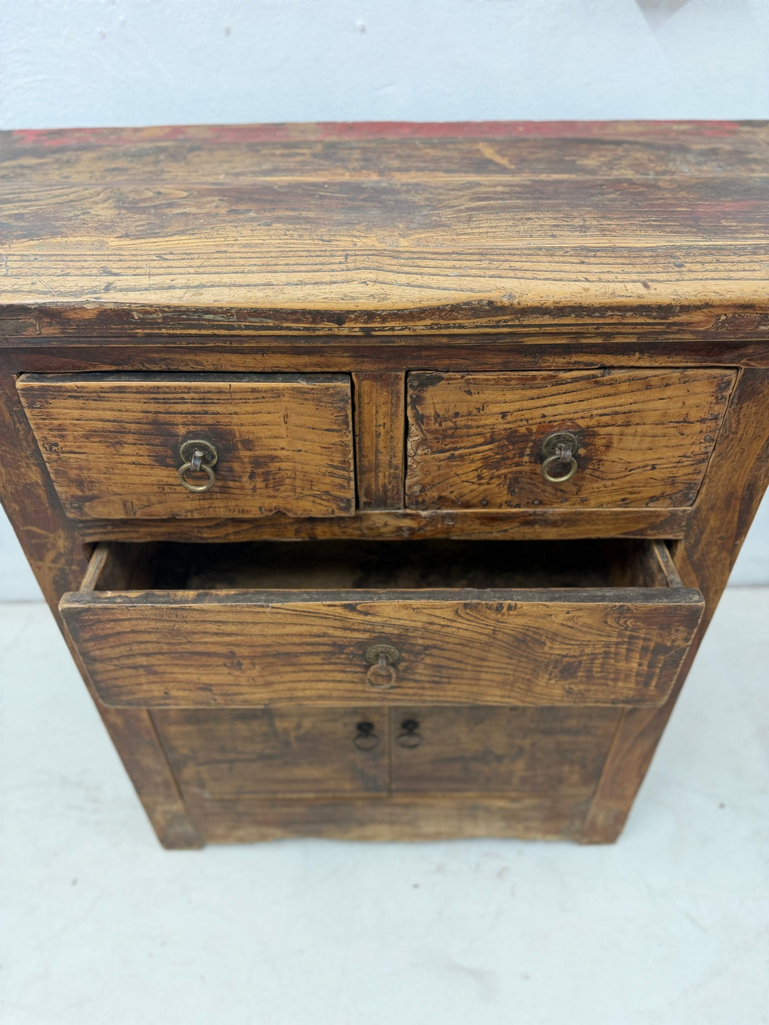 Water Tiger Furniture Early 20th Century Qing Cabinet, Lower Doors Elmwood with Brass Hardware, China