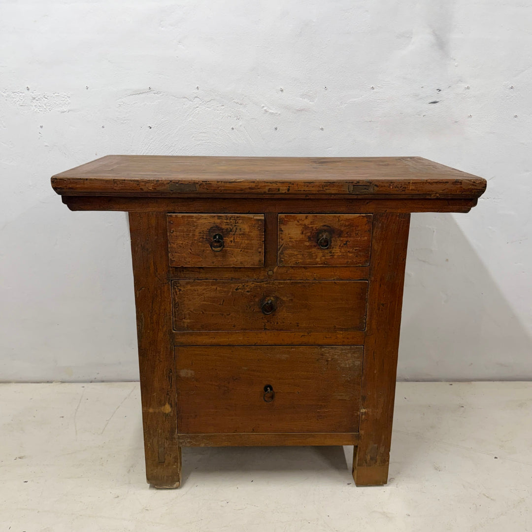 Water Tiger Furniture Early 20th Century Qing Two Drawer Cabinet, Elmwood with Brass Hardware, China