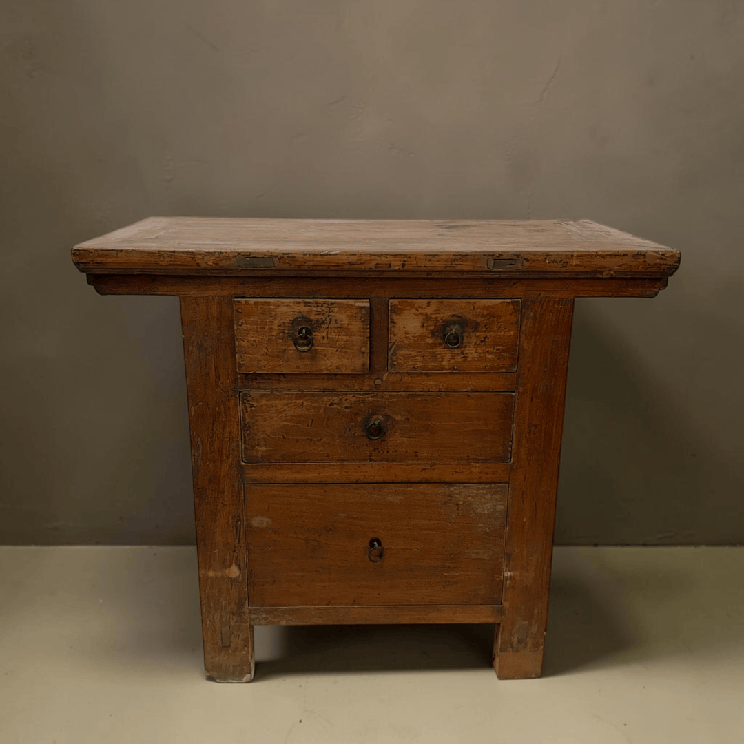 Water Tiger Furniture Early 20th Century Qing Two Drawer Cabinet, Elmwood with Brass Hardware, China