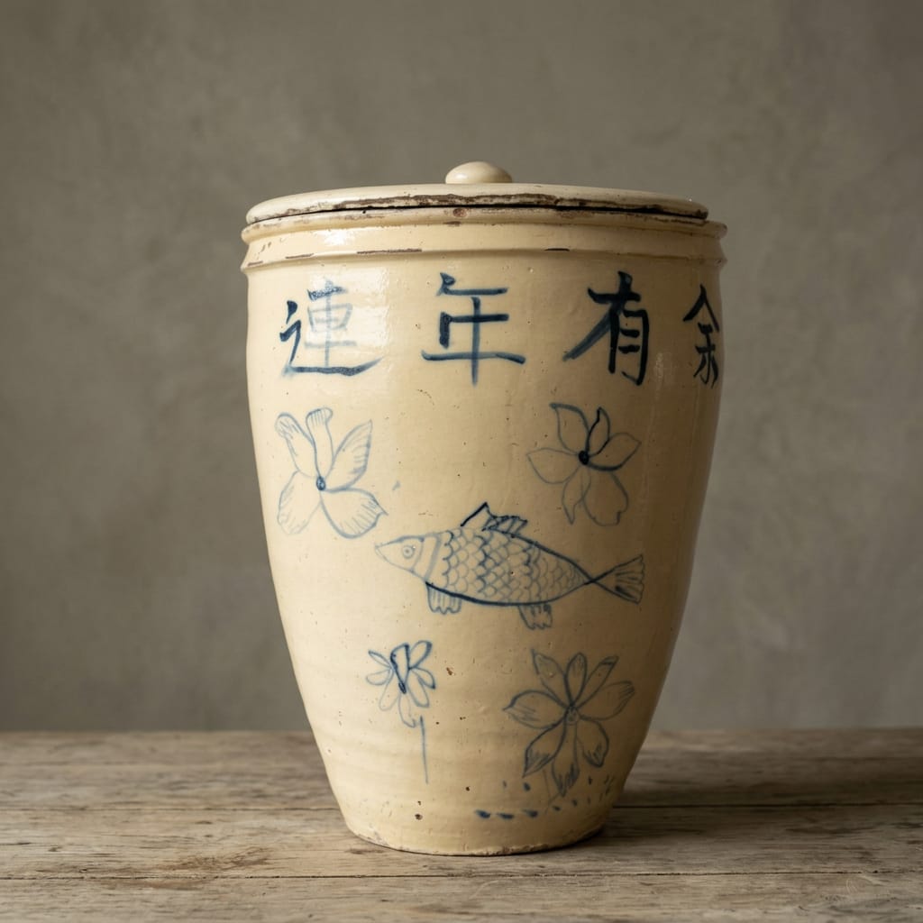 Water Tiger Decor Lidded Cizhou  Ming Dynasty Ceramic Planter - Vessel- "Fish"