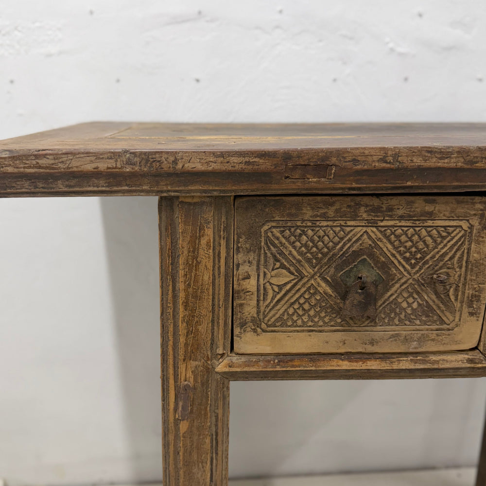 Water Tiger Furniture Antique Short Elm Console With Two Carved Drawers