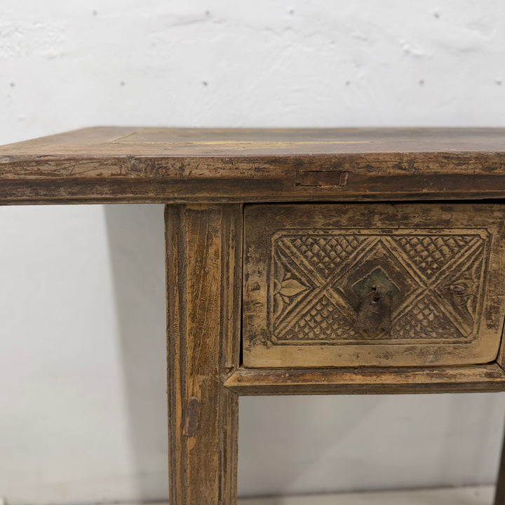 Water Tiger Furniture Antique Short Elm Console With Two Carved Drawers