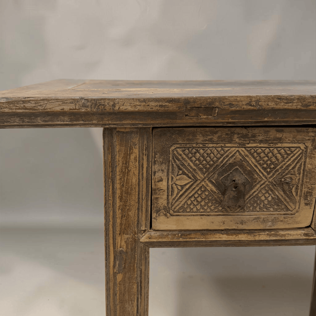 Water Tiger Furniture Antique Short Elm Console With Two Carved Drawers