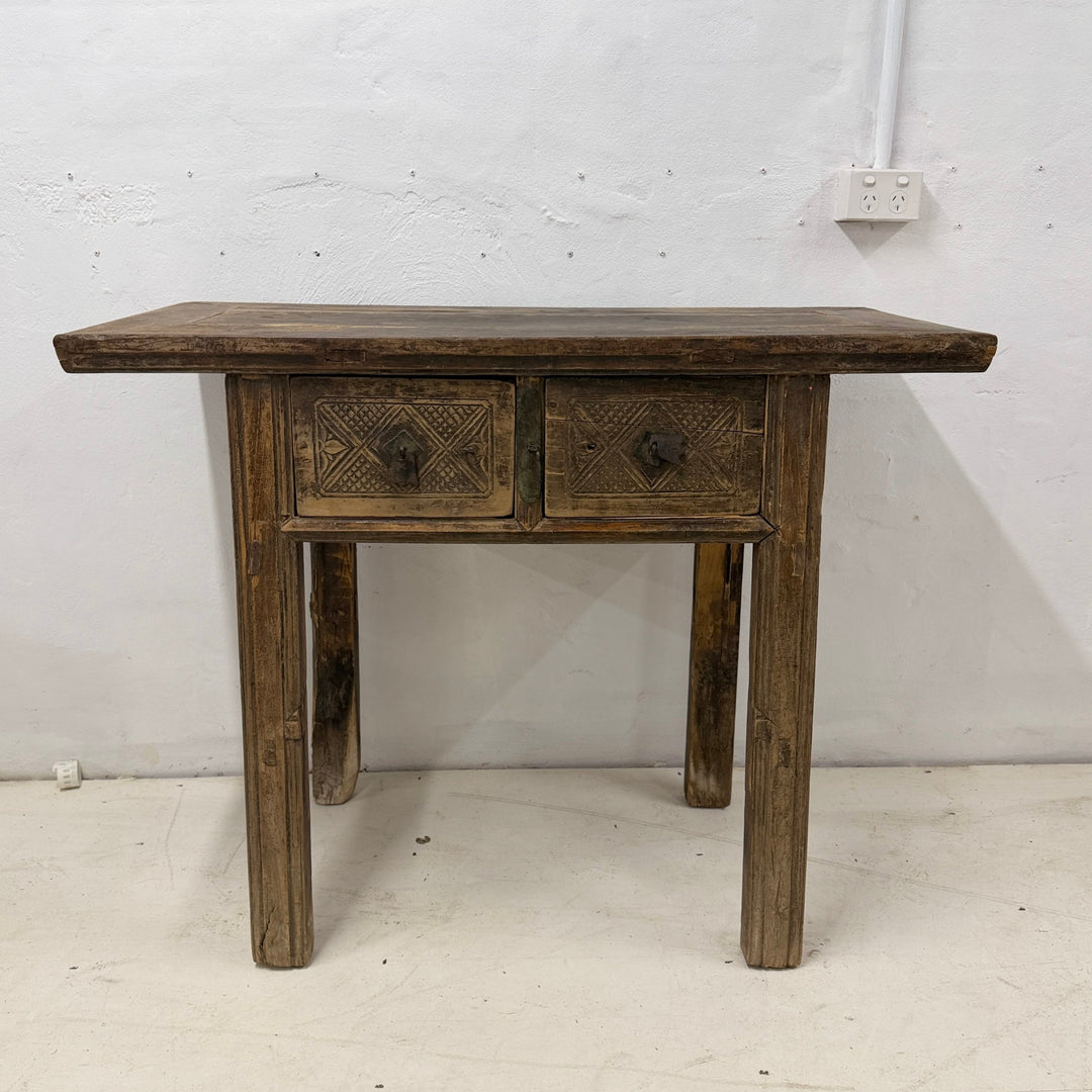 Water Tiger Furniture Antique Short Elm Console With Two Carved Drawers