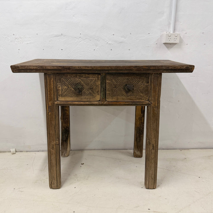 Water Tiger Furniture Antique Short Elm Console With Two Carved Drawers