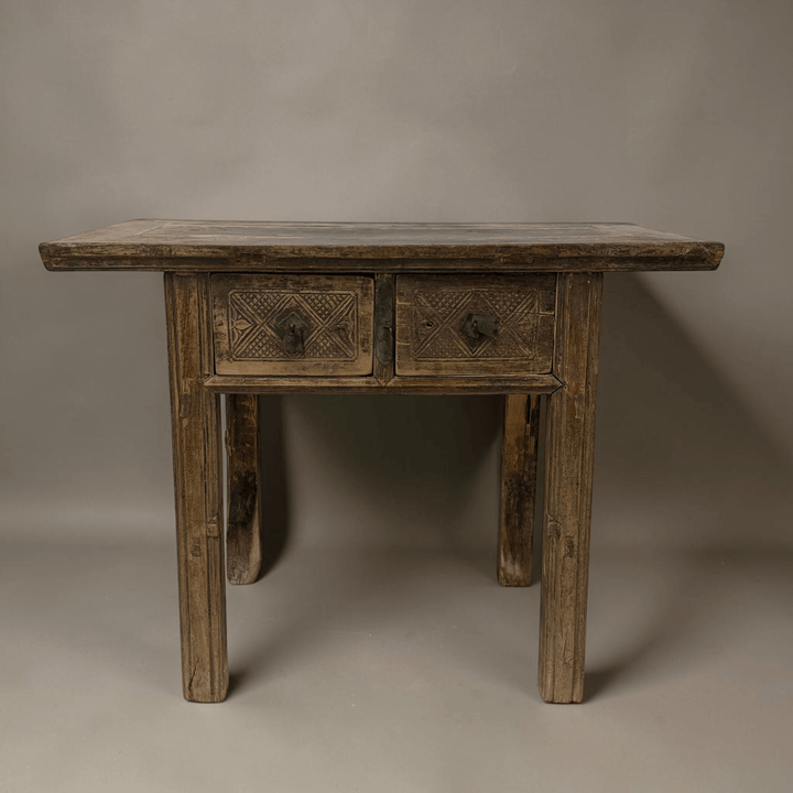 Water Tiger Furniture Antique Short Elm Console With Two Carved Drawers