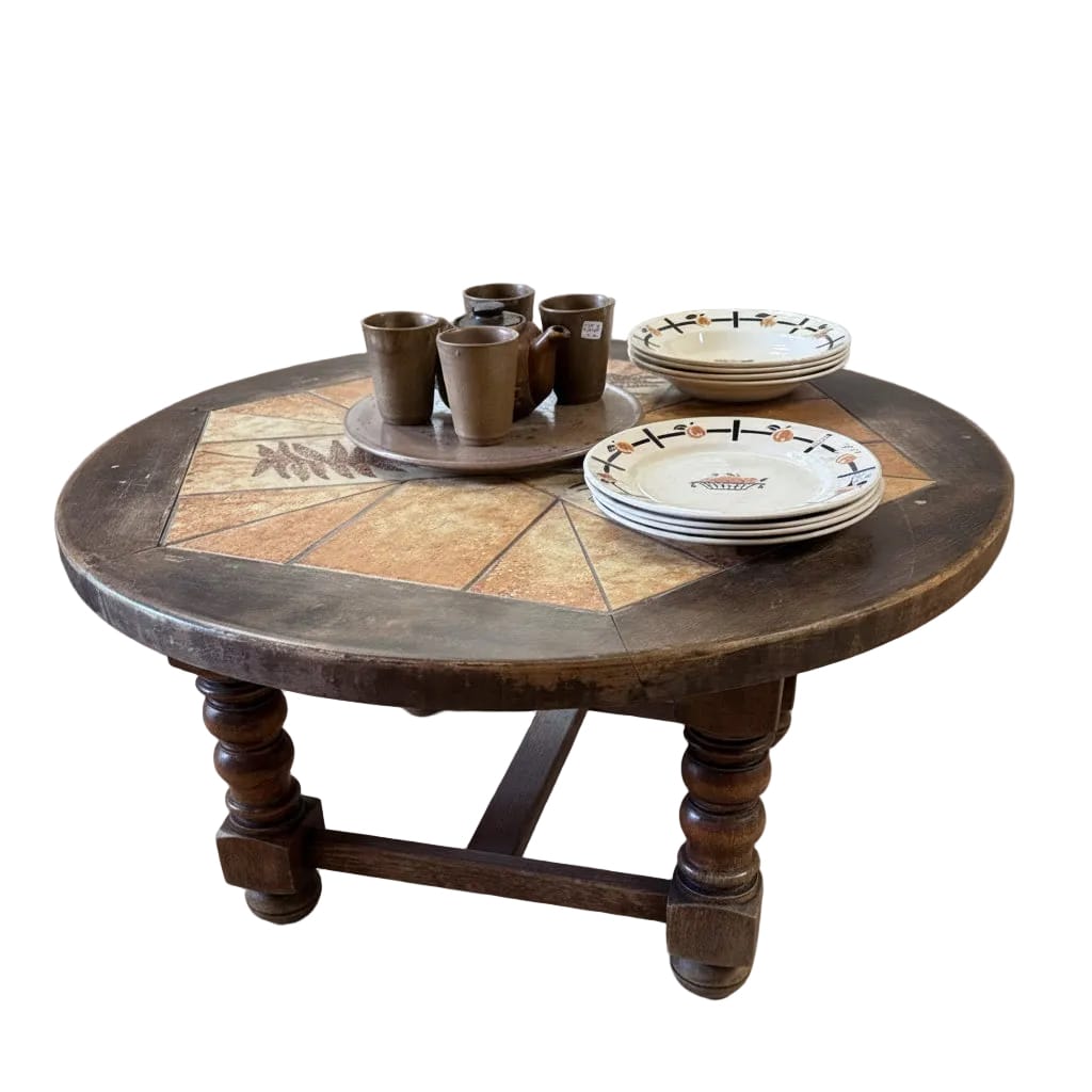 Water Tiger Furniture Roger Capron Round Coffee Table | Vintage French Ceramic &amp; Oak | Water Tiger