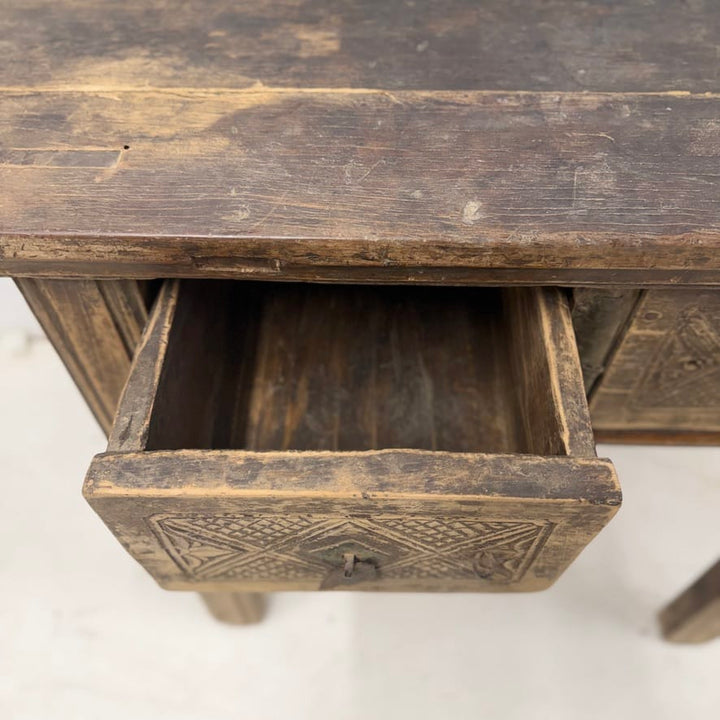 Water Tiger Furniture Antique Short Elm Console With Two Carved Drawers