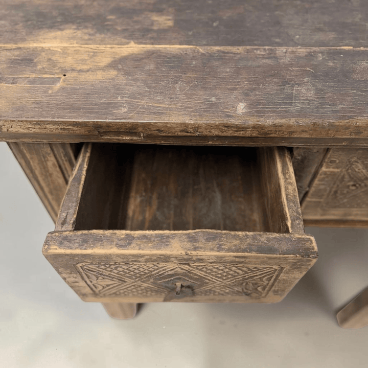 Water Tiger Furniture Antique Short Elm Console With Two Carved Drawers