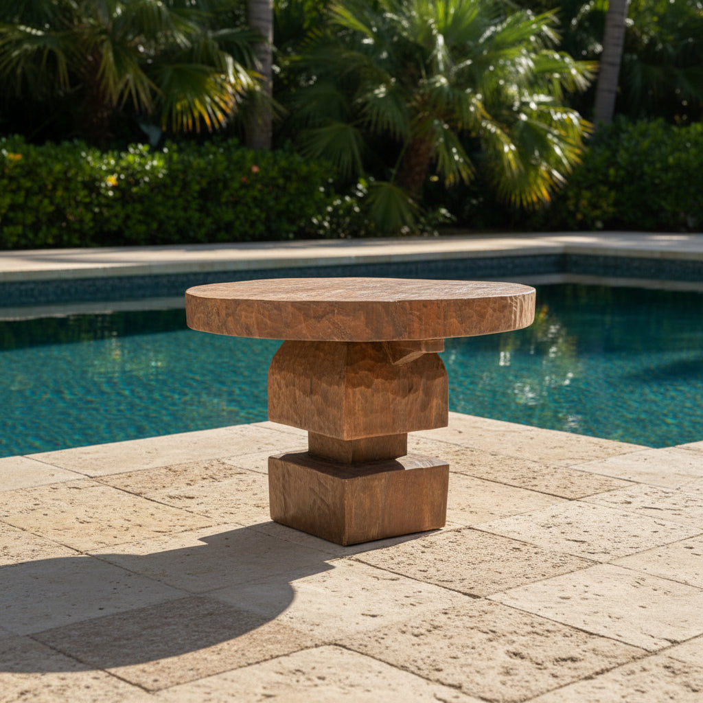 Water Tiger Decor Organic Teak Round Table With Thick Pedestal