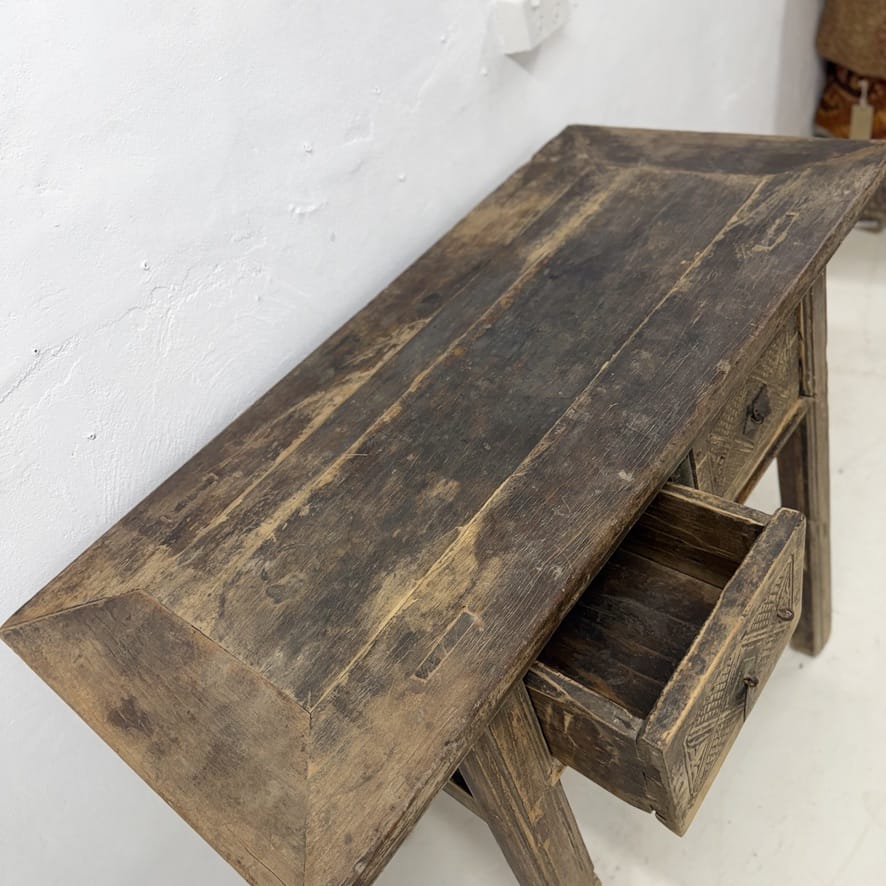 Water Tiger Furniture Antique Short Elm Console With Two Carved Drawers