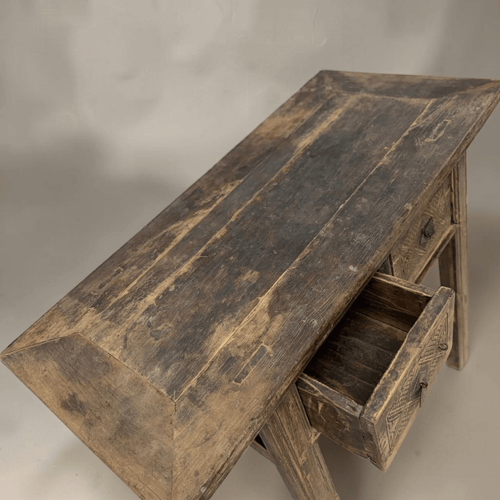Water Tiger Furniture Antique Short Elm Console With Two Carved Drawers