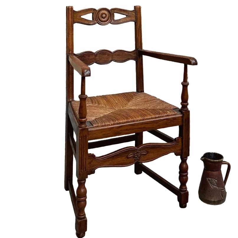 Water Tiger Furniture Mid Century Rustic Armchair In Beech Wood With Straw Seat