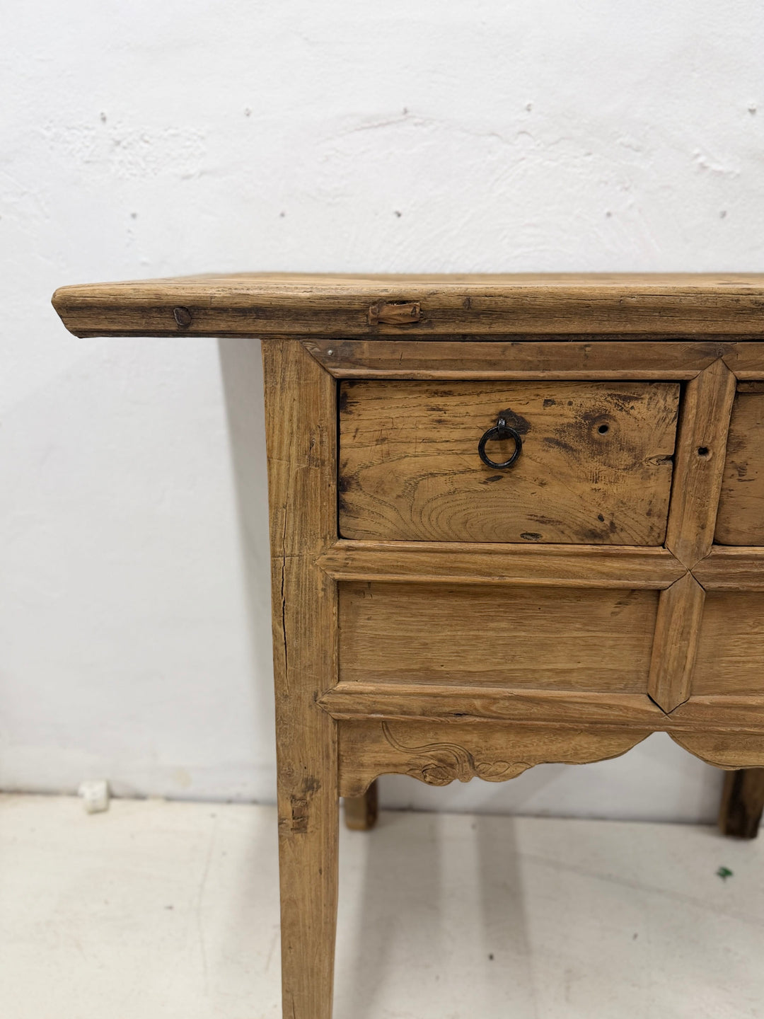 Water Tiger Furniture Antique Short Elm Console With Two Drawers With Carved Apron