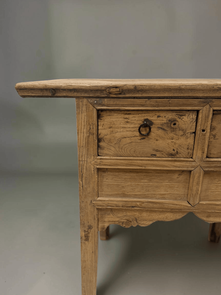 Water Tiger Furniture Antique Short Elm Console With Two Drawers With Carved Apron