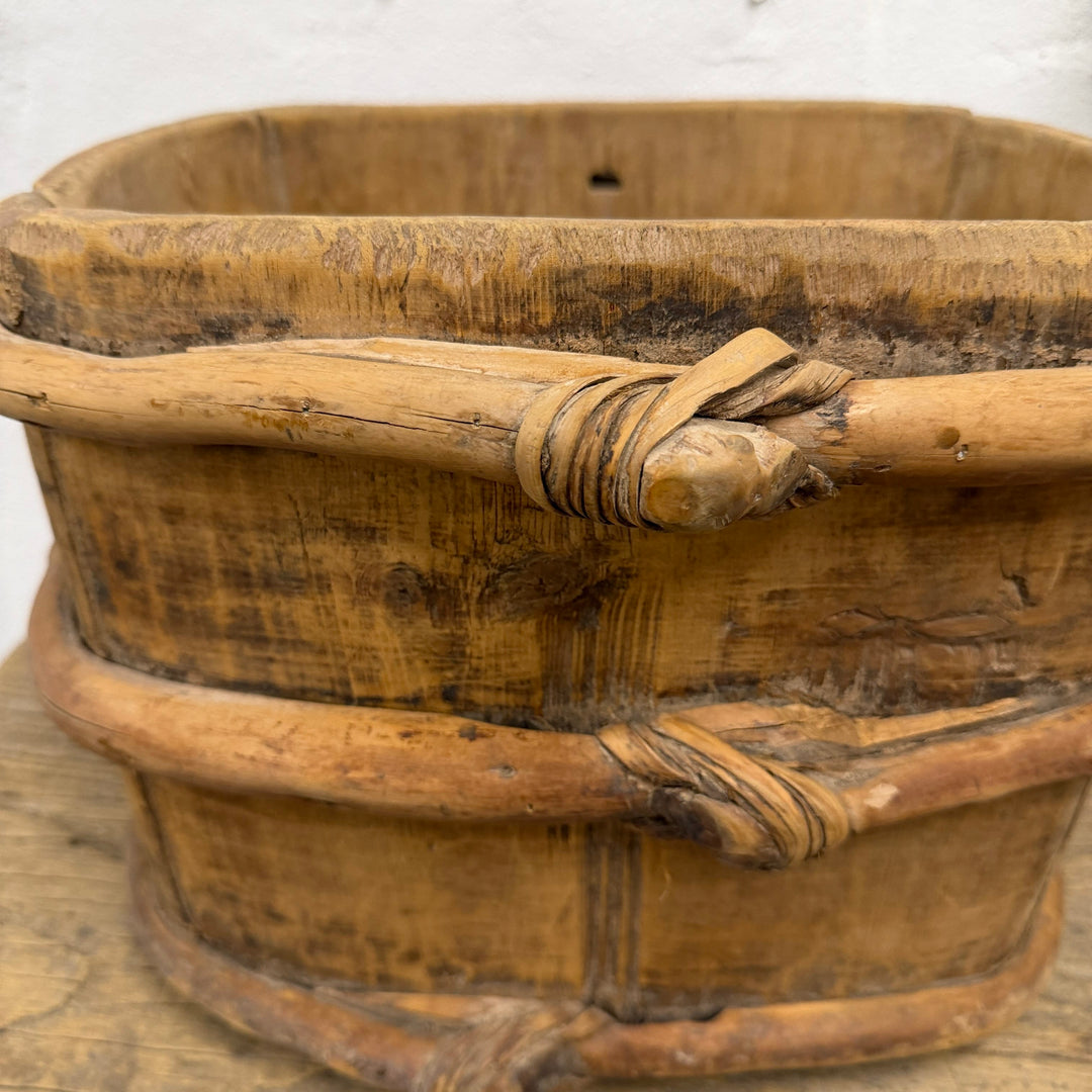 Water Tiger Decor Antique Chinese Oval Wood Bucket With Strap