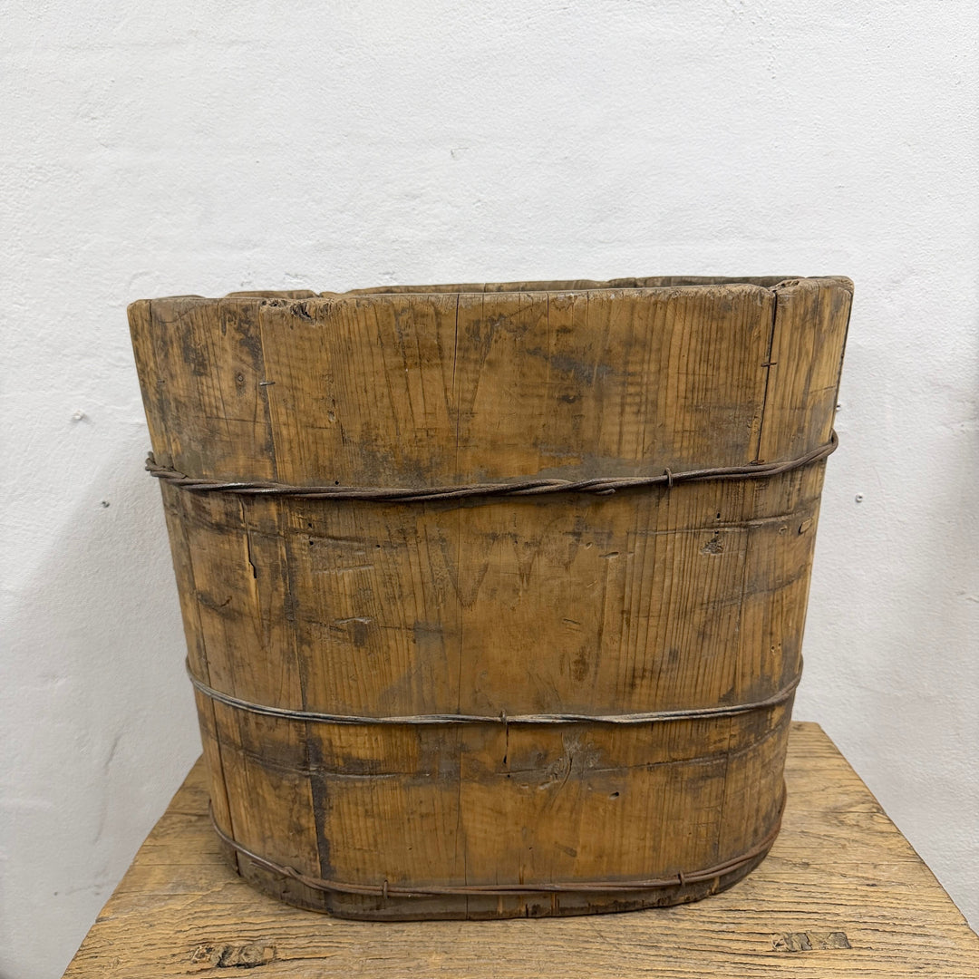Water Tiger Decor Antique Chinese Oval Wood Bucket