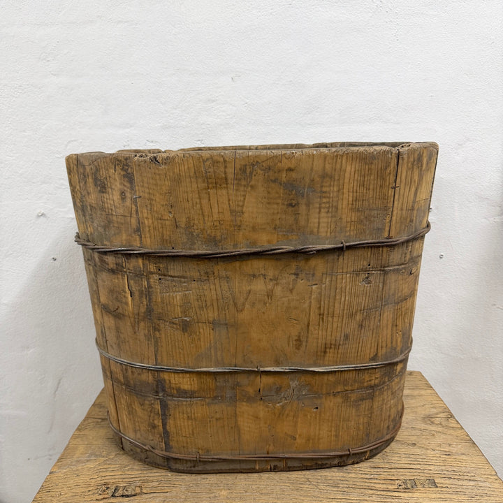 Water Tiger Decor Antique Chinese Oval Wood Bucket
