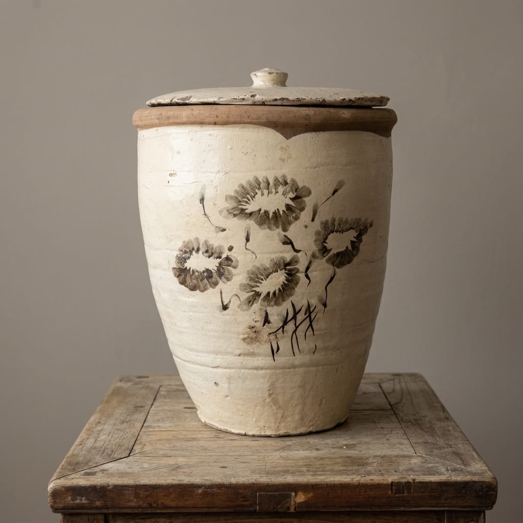Water Tiger Decor Lidded Cizhou  Ming Dynasty Ceramic Planter - Vessel- "Orchid"