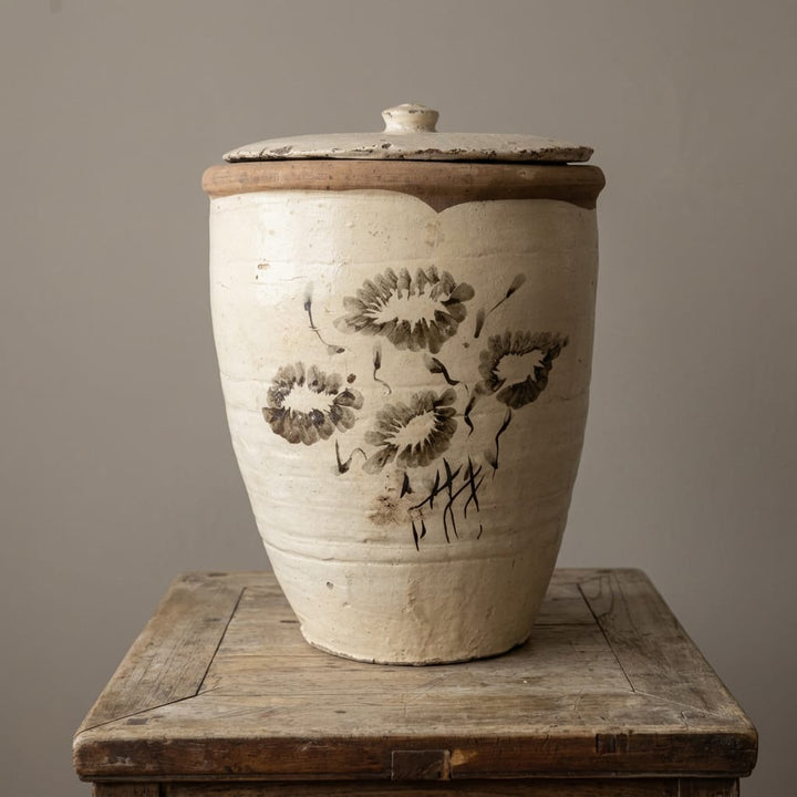 Water Tiger Decor Lidded Cizhou  Ming Dynasty Ceramic Planter - Vessel- "Orchid"