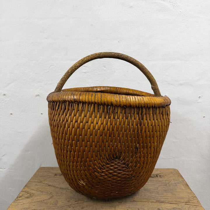 Antique Chinese Round Basket With Wooden Handle