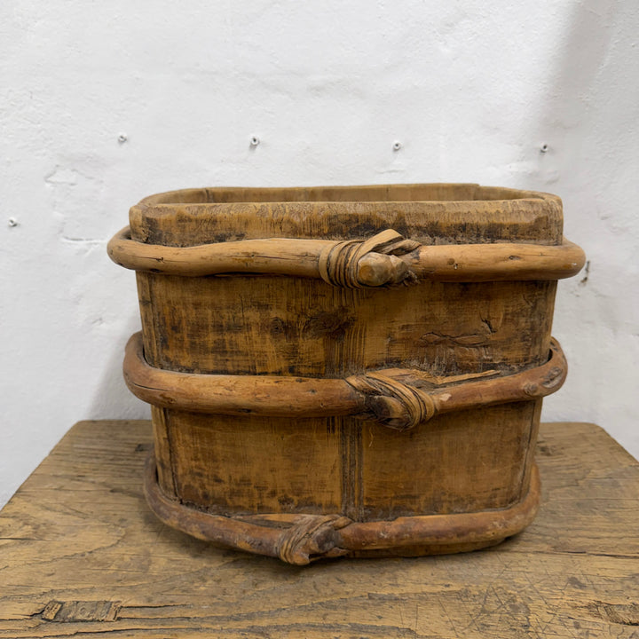 Water Tiger Decor Antique Chinese Oval Wood Bucket With Strap