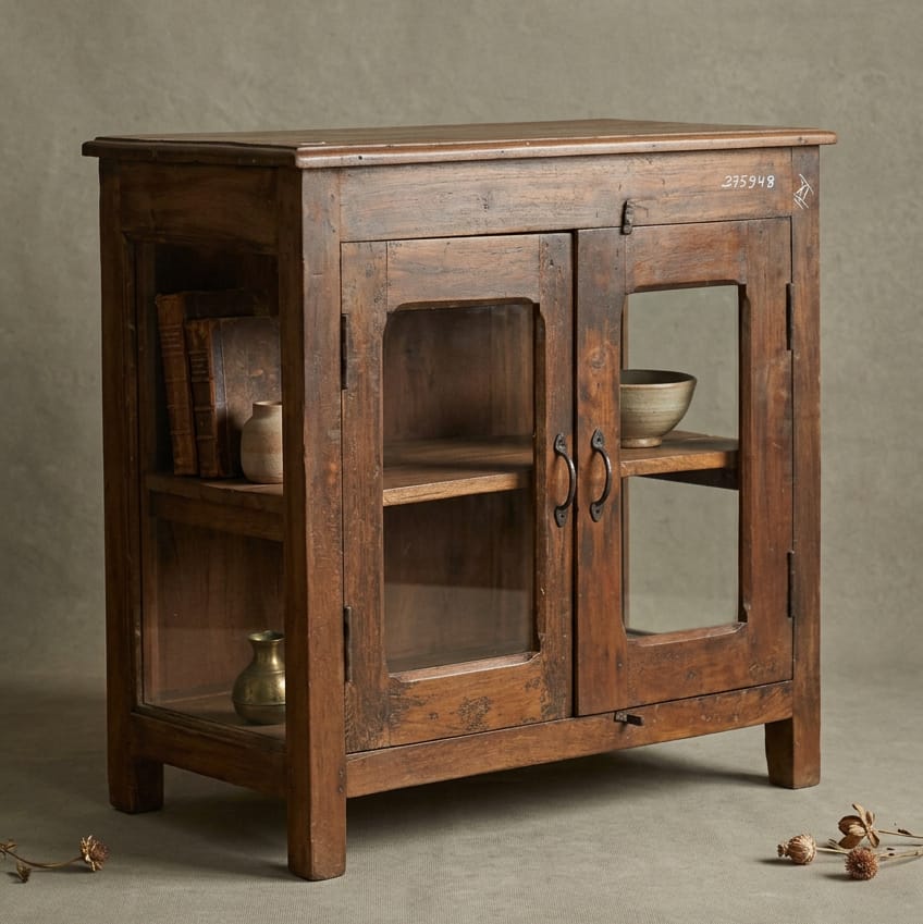 Water Tiger Furniture Vintage Indian Glass &amp; Teak Cabinet