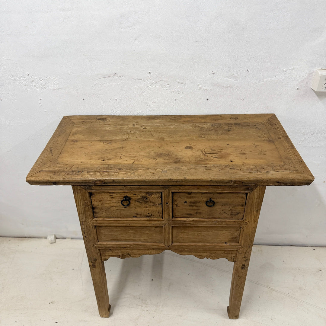 Water Tiger Furniture Antique Short Elm Console With Two Drawers With Carved Apron