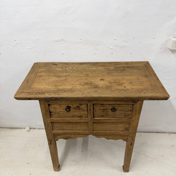 Water Tiger Furniture Antique Short Elm Console With Two Drawers With Carved Apron
