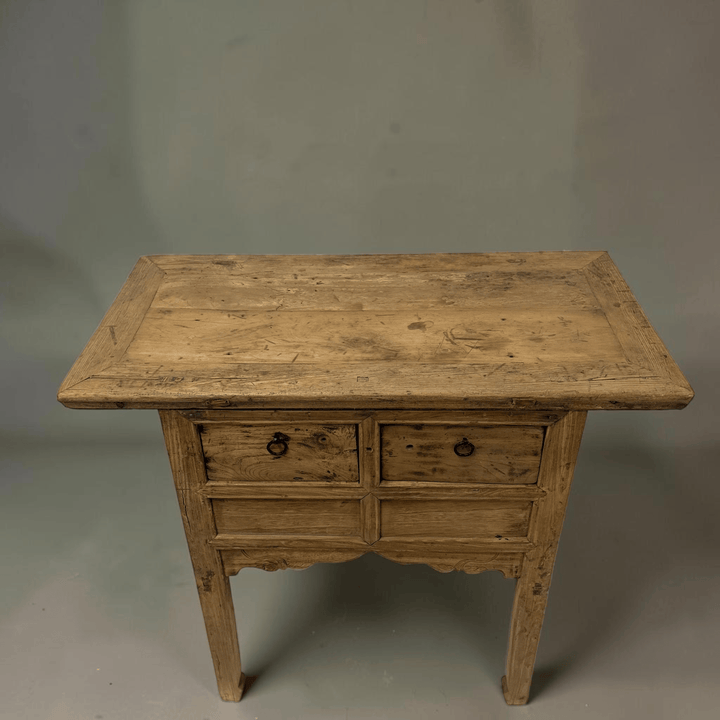 Water Tiger Furniture Antique Short Elm Console With Two Drawers With Carved Apron