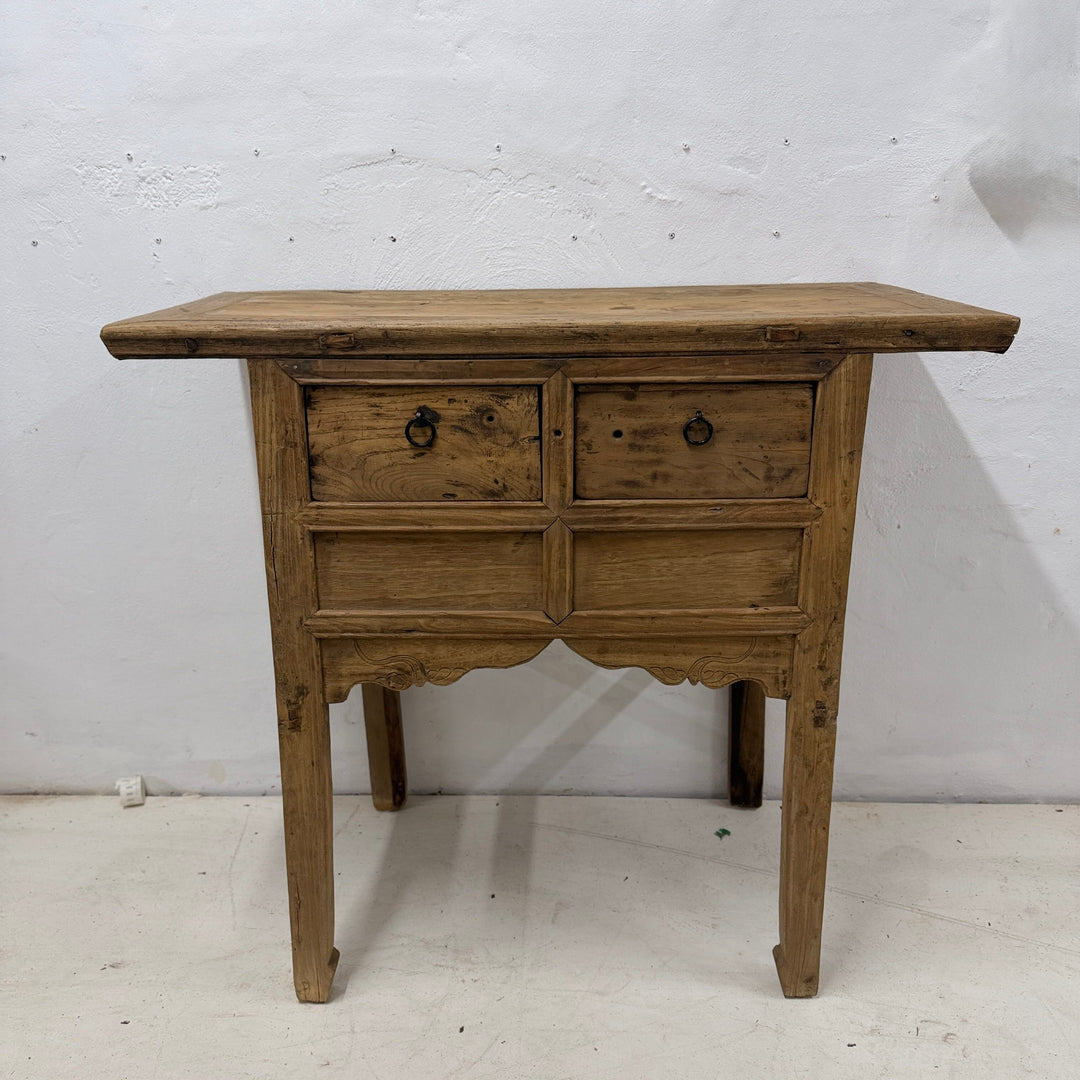 Water Tiger Furniture Antique Short Elm Console With Two Drawers With Carved Apron