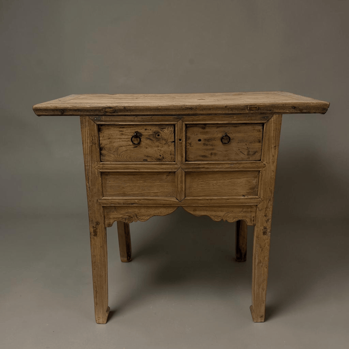 Water Tiger Furniture Antique Short Elm Console With Two Drawers With Carved Apron