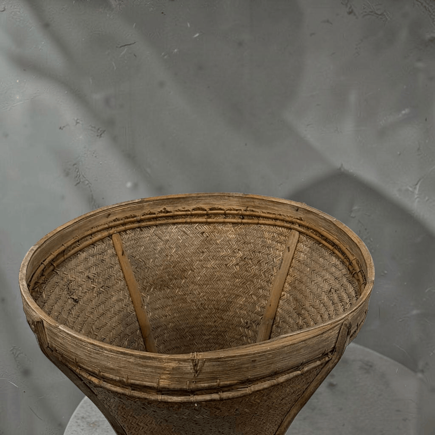 Water Tiger Decor Vintage Bamboo &amp; Rattan Basket from Dayak Tribe, Hand-Crafted Borneo